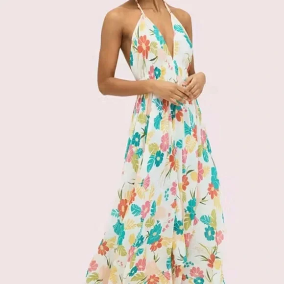 Kate Spade New York Tropical Floral Halter Maxi Dress cover up size Large - Picture 1 of 13